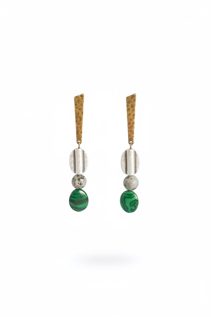 Malahit ve Jasper Taşlı Gümüş Pirinç Küpe SPK-055