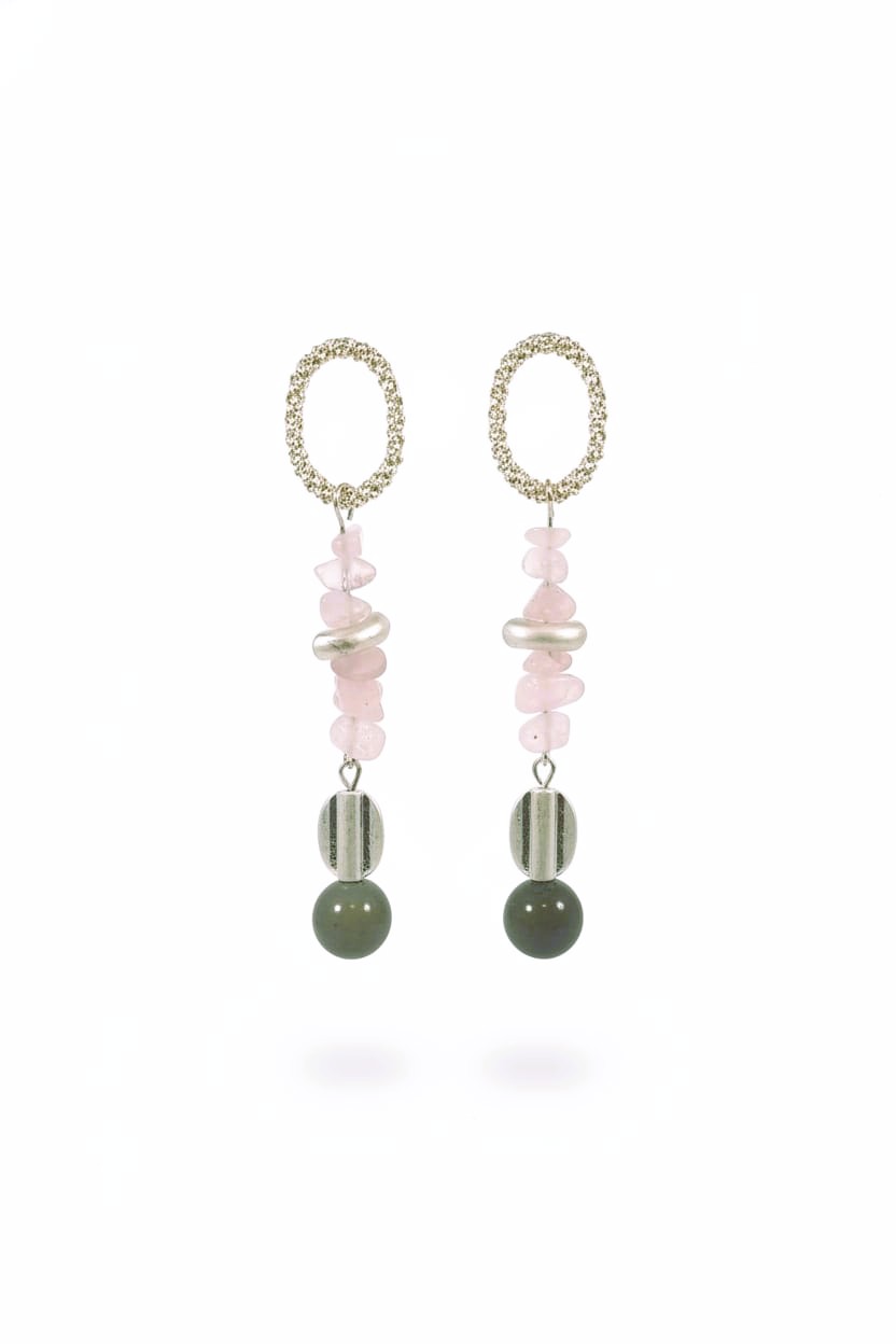 Pembe Kuvars ve Jasper Taşlı Gümüş Pirinç Küpe SPK-012